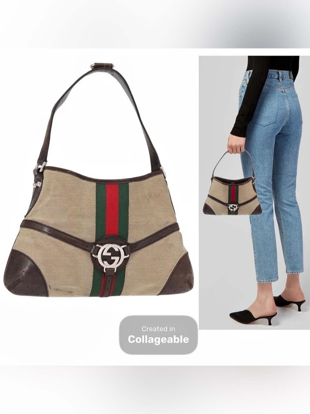 👜 GUCCI Shoulder Bag Sherry Brown Tab Green Red Leather Silver Canvas Authentic